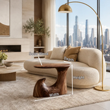 Contemporary end table showcases organic curves and warm wood tone in an airy room