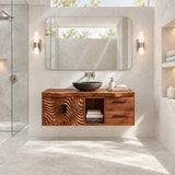 Designer bathroom vanity in natural solid wood with black basin and mixed storage