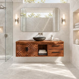 Sink cabinet in natural solid wood with sculpted doors, center cubby, and drawers