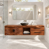 - Bathroom sink vanity in natural solid wood with textured doors and drawer storage