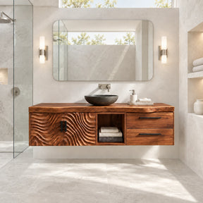 Bathroom vanity in natural solid wood with wave doors, center cubby, and drawers