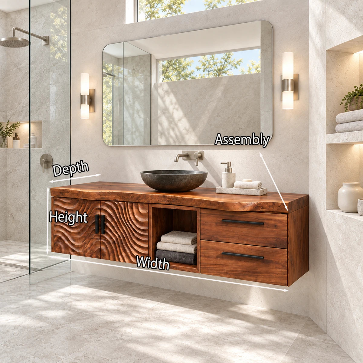 Contemporary vanity in natural solid wood with wave panel doors and open storage