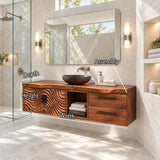 Contemporary vanity in natural solid wood with wave panel doors and open storage