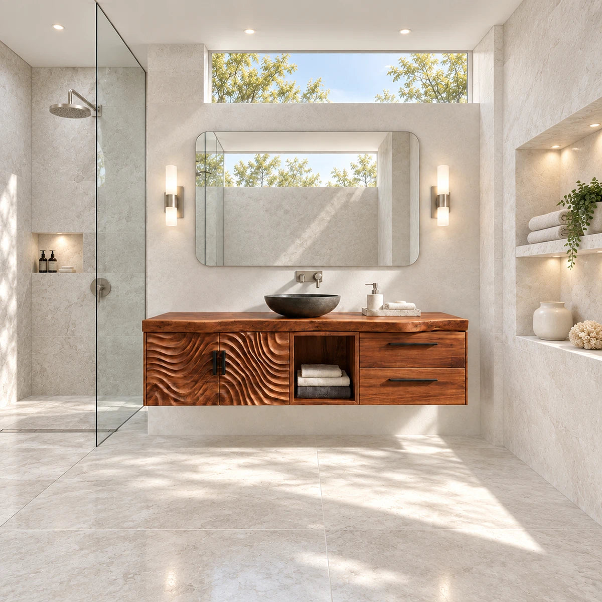 Floating bathroom vanity in natural solid wood with vessel sink and storage layout