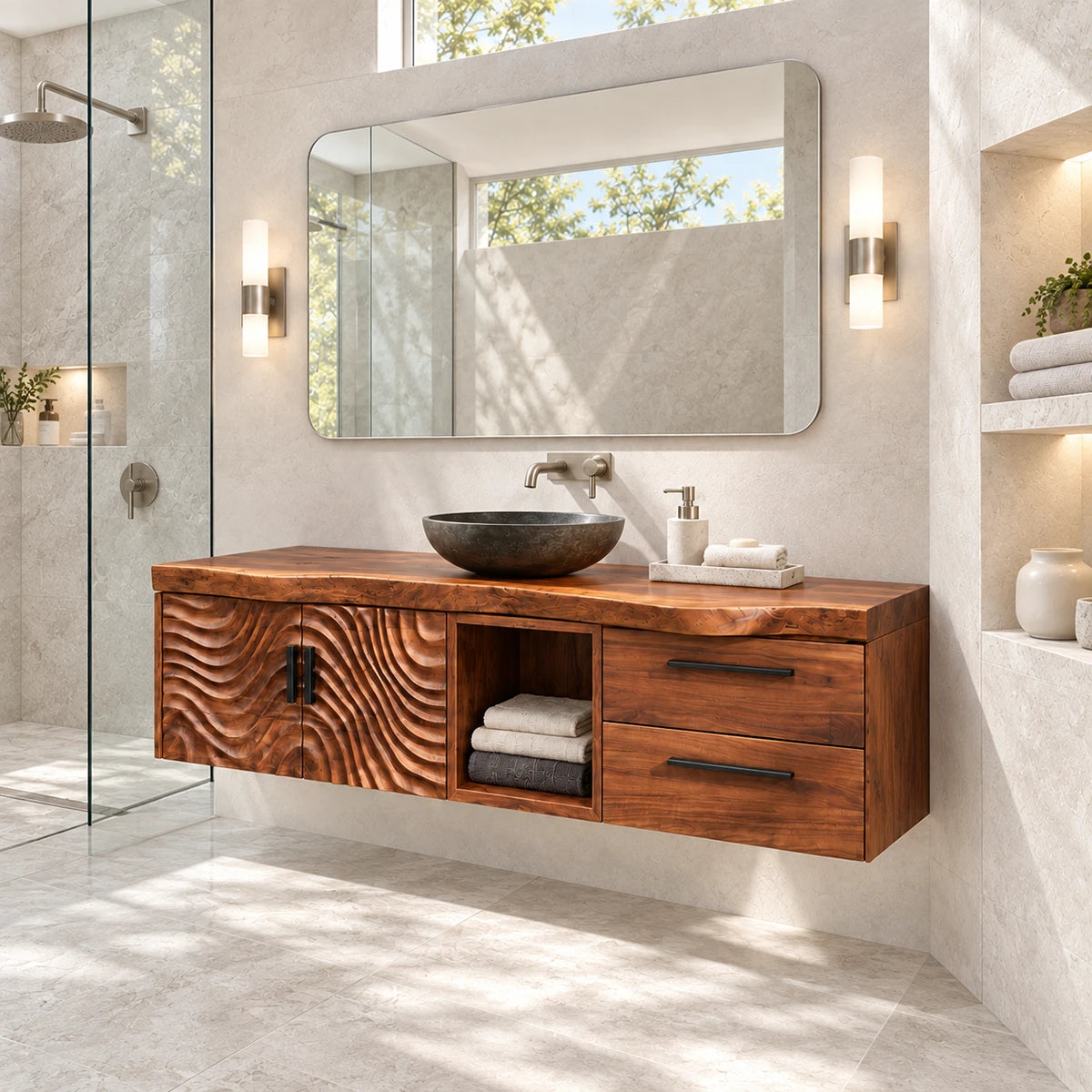 Wall mounted vanity in natural solid wood with textured doors and drawer storage