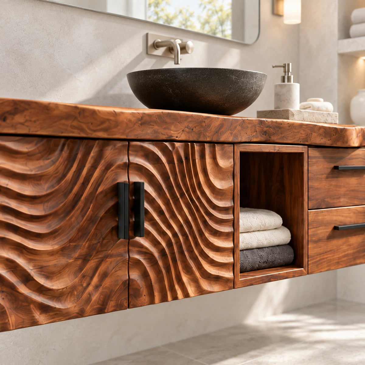 Single sink vanity in natural solid wood with sculpted doors, open cubby, drawers