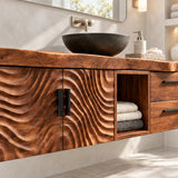 Single sink vanity in natural solid wood with sculpted doors, open cubby, drawers