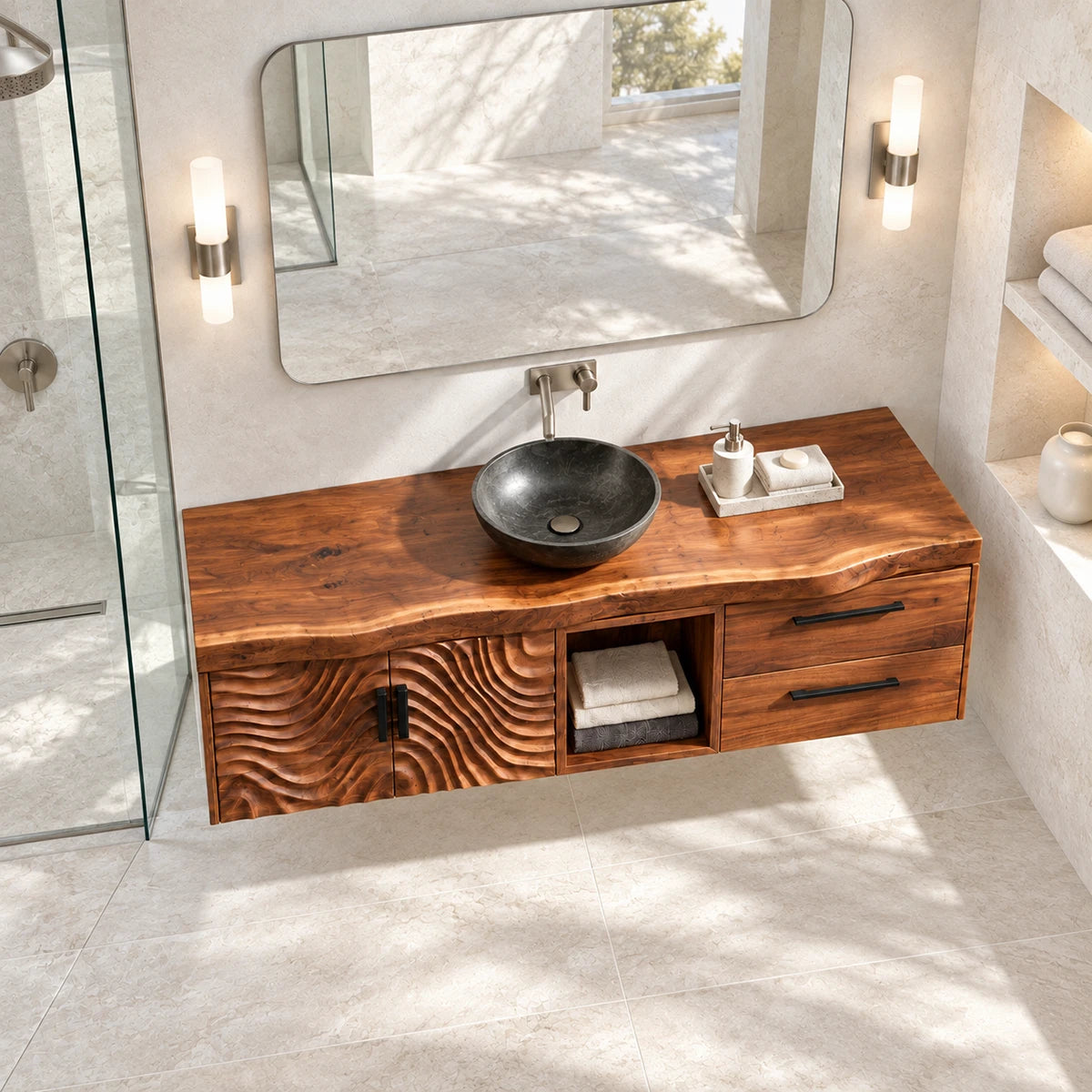 Vessel sink vanity in natural solid wood with wave front doors and black basin top