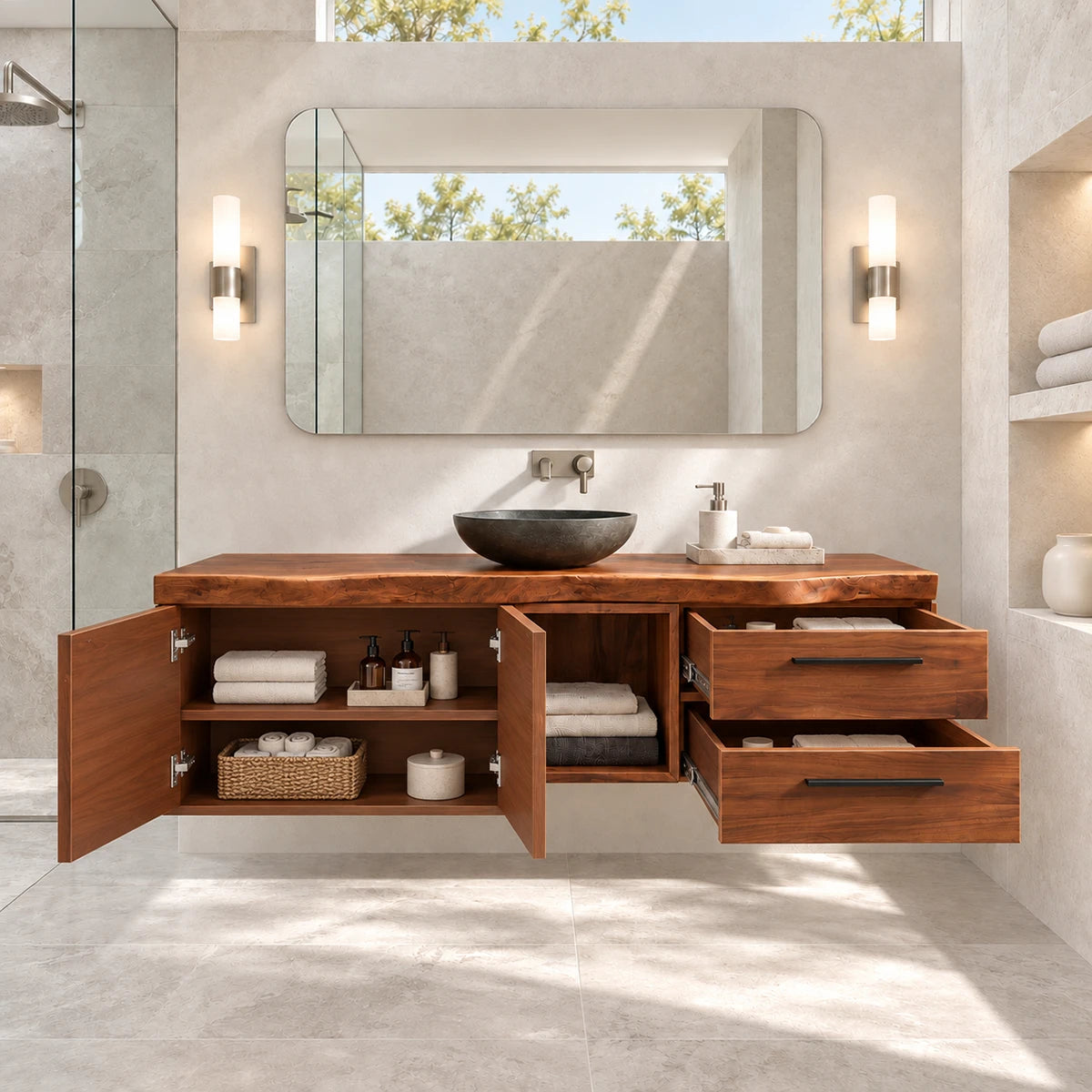 Modern bathroom cabinet in natural solid wood with center niche and side drawers