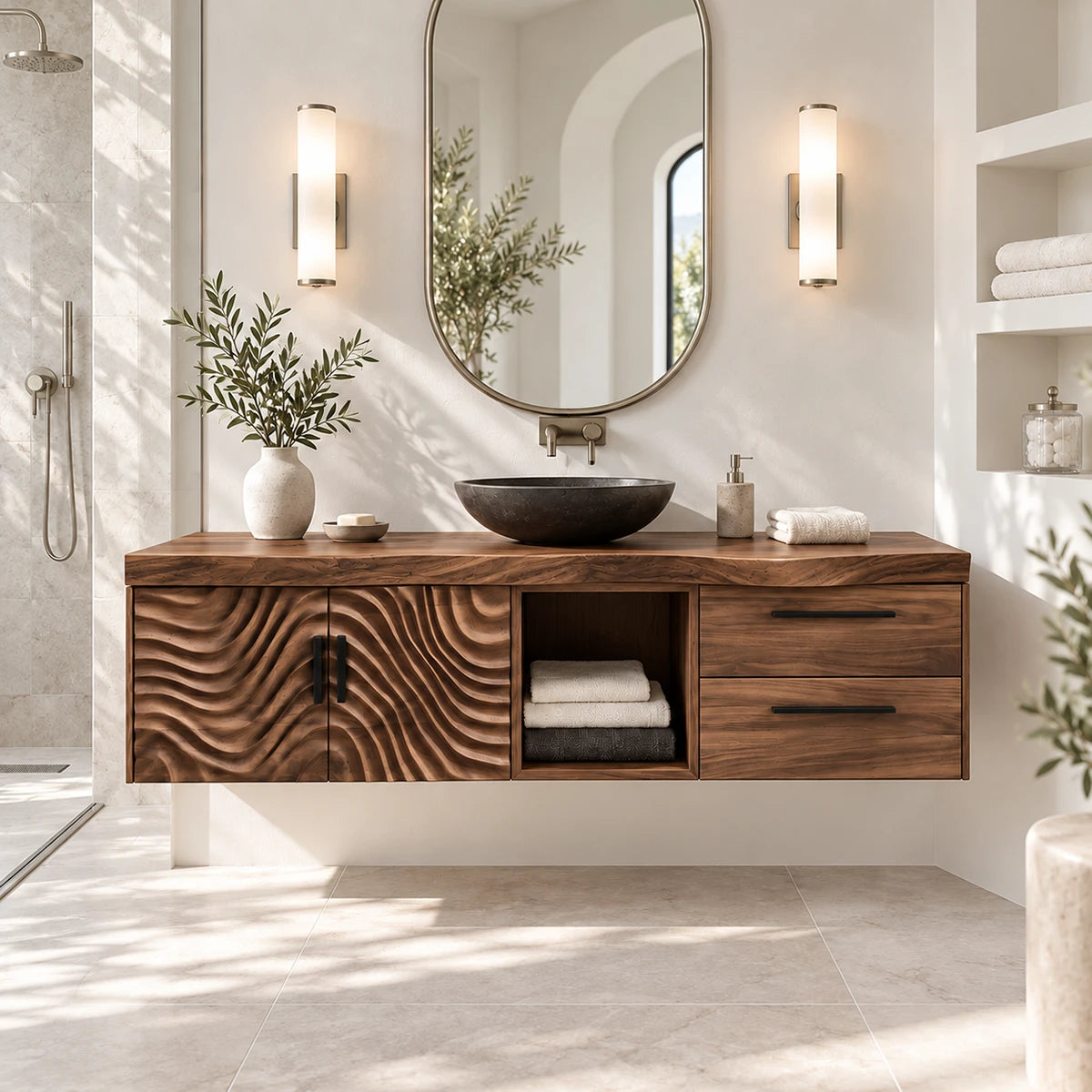 Bath vanity cabinet in natural solid wood with two doors, open shelf, and drawers