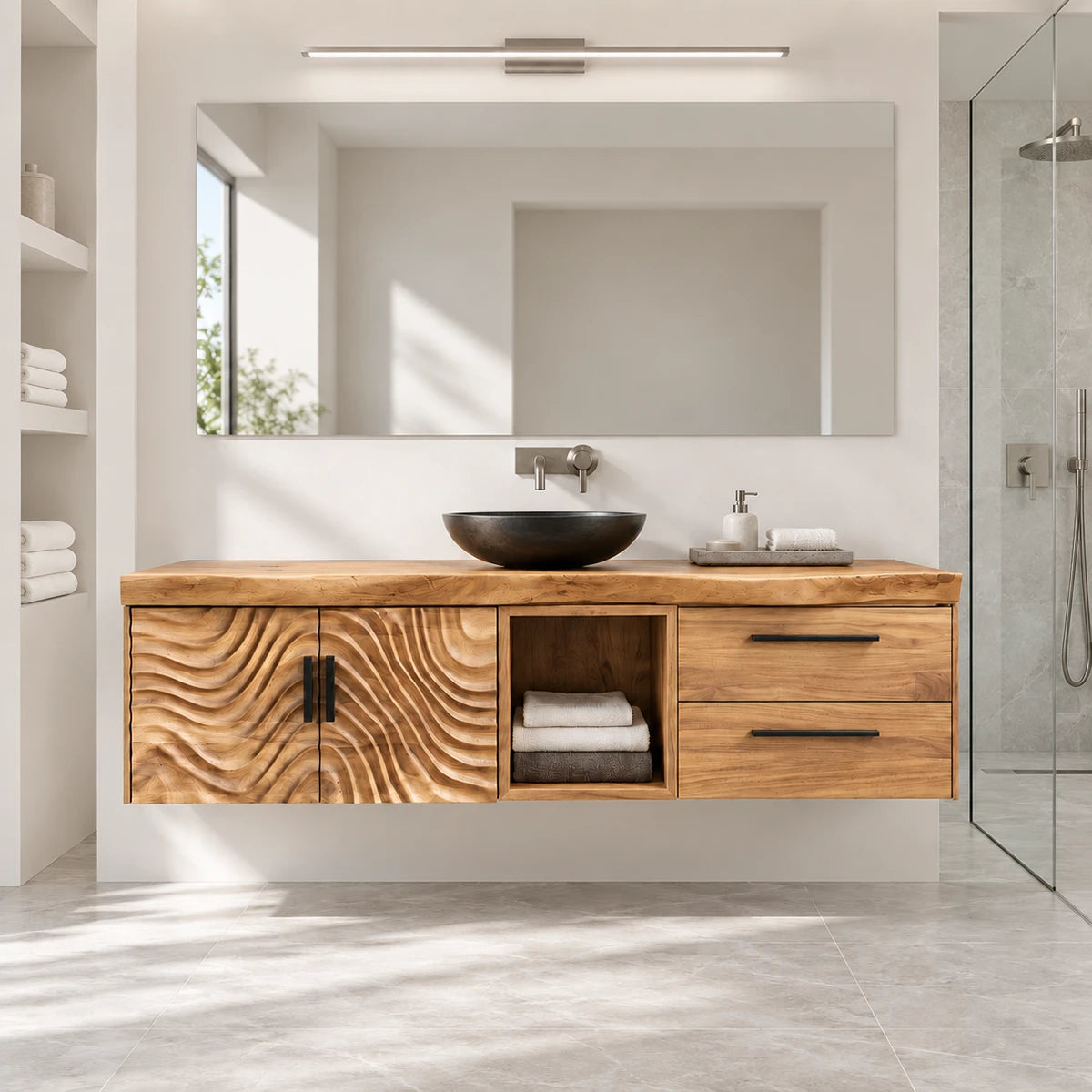 Storage vanity in natural solid wood with textured cabinet doors and open cubby