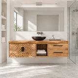 Storage vanity in natural solid wood with textured cabinet doors and open cubby