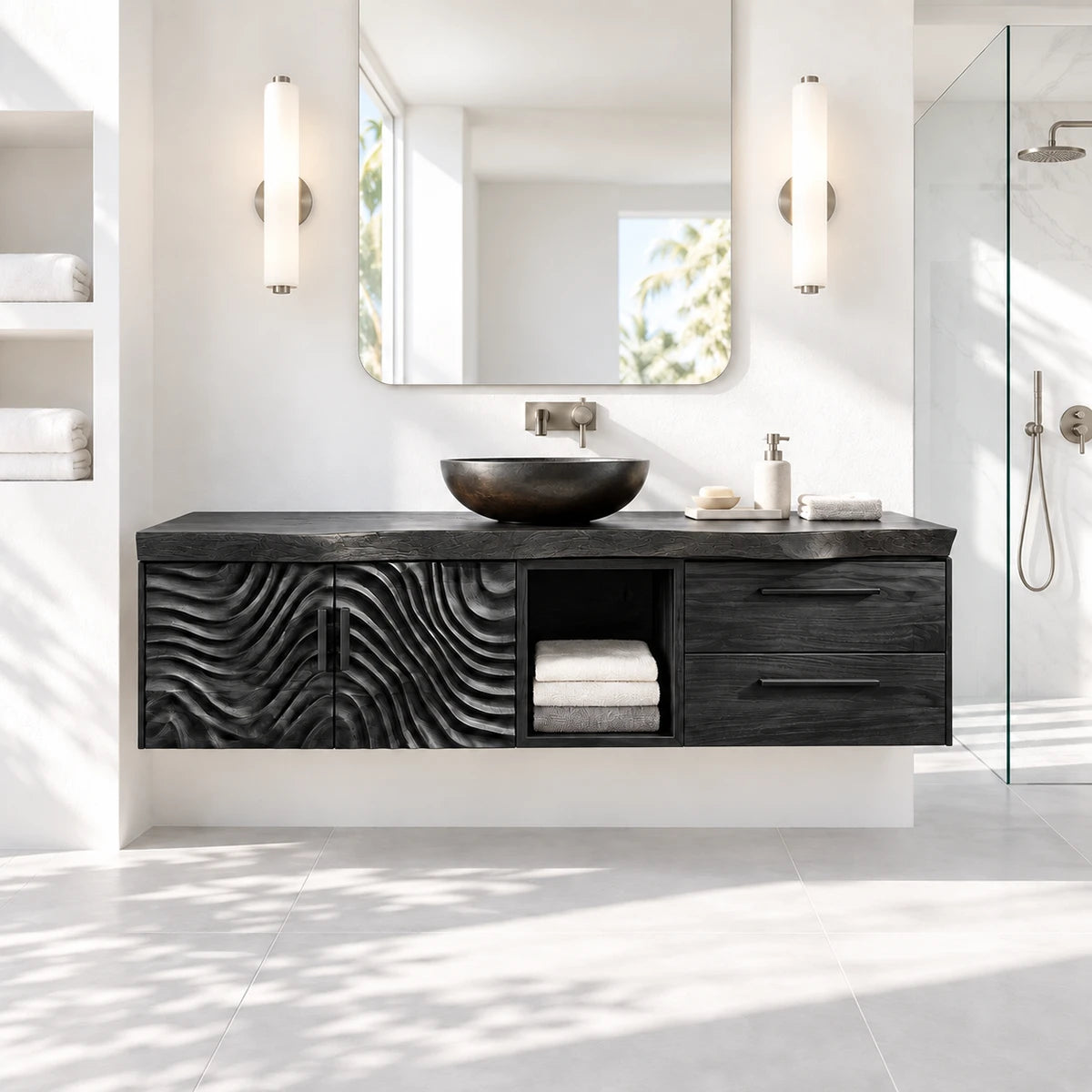 Vanity unit in natural solid wood with vessel basin, double doors, and side drawers