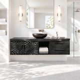Vanity unit in natural solid wood with vessel basin, double doors, and side drawers