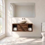 Clean lined vanity cabinet in natural solid wood with wave drawers and open ends