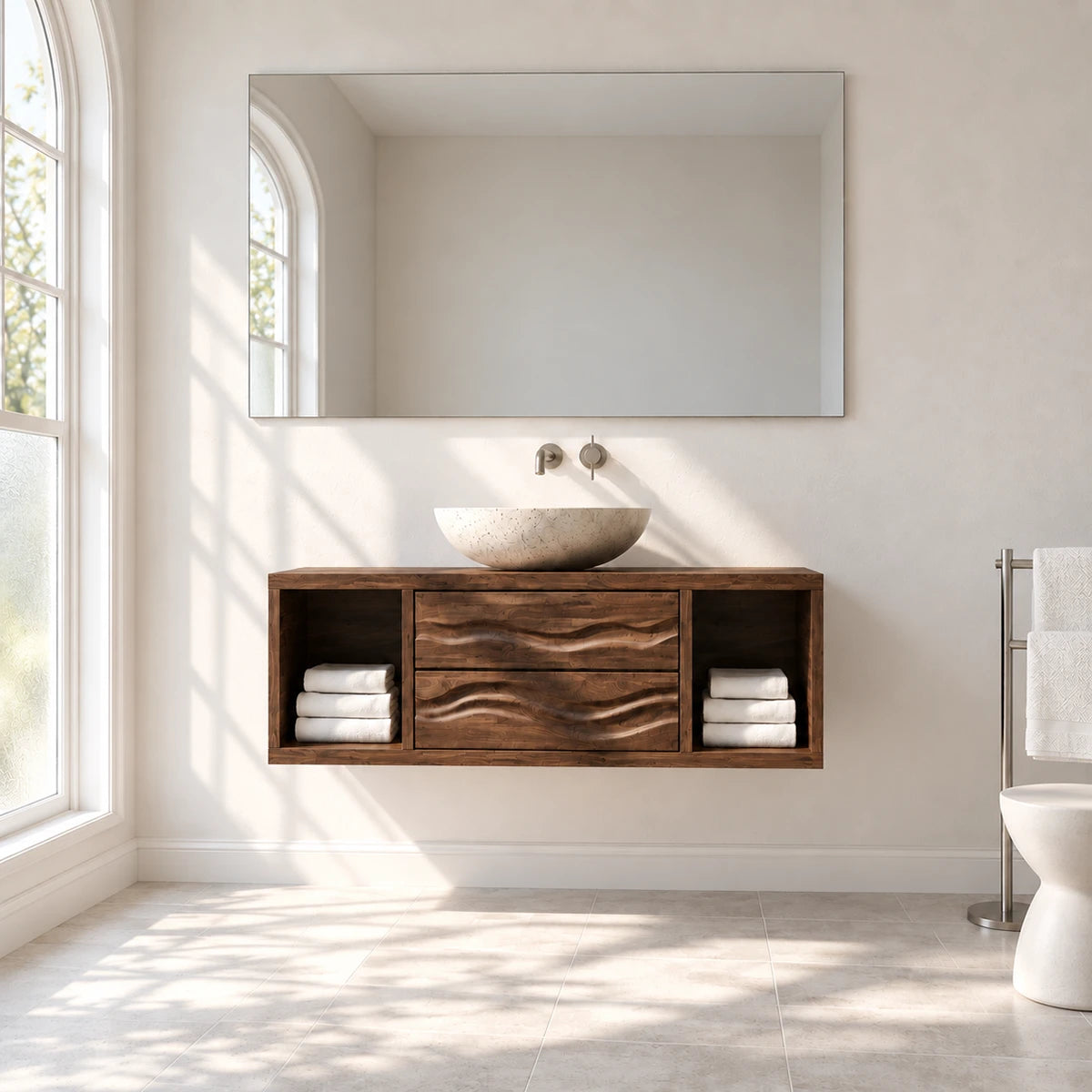 Designer bathroom vanity in natural solid wood with vessel sink and side cubbies