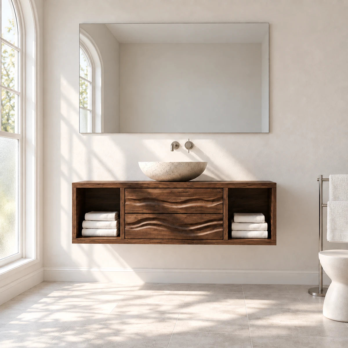 Wall hung vanity cabinet in natural solid wood with sculpted drawers and shelving