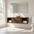 Floating bathroom vanity in natural solid wood with wave drawers and side shelves