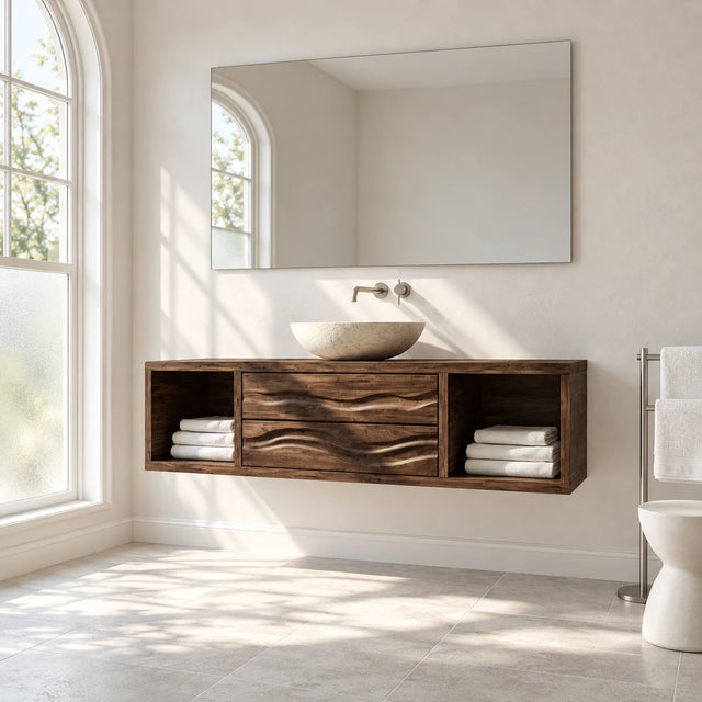 Floating bathroom vanity in natural solid wood with wave drawers and side shelves