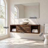 Refined bath vanity in natural solid wood with center storage and side niche shelves