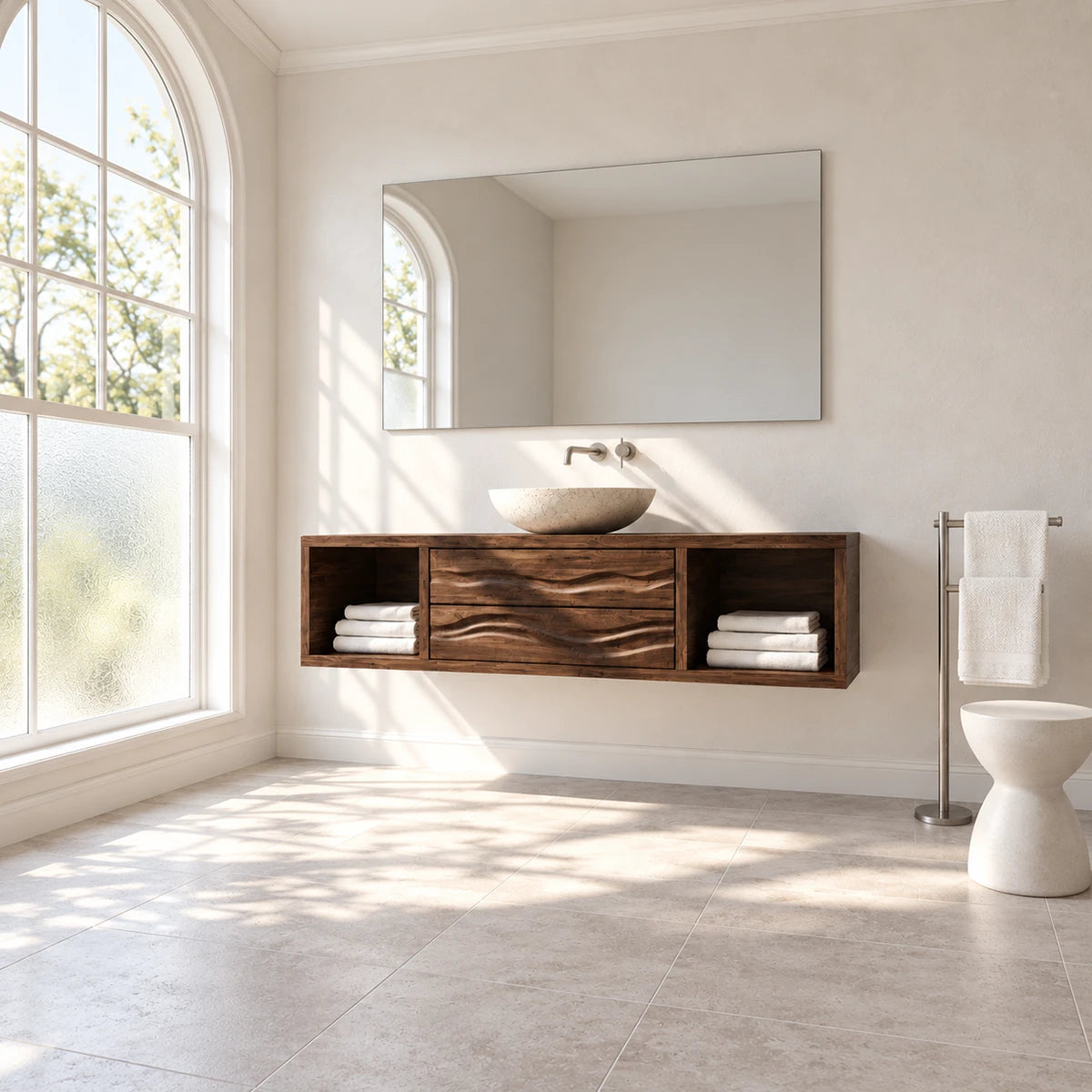 Modern wall mounted vanity in natural solid wood with center drawers and cubbies