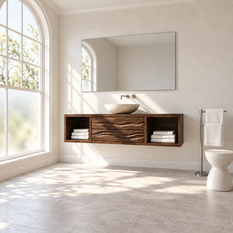 Modern wall mounted vanity in natural solid wood with center drawers and cubbies
