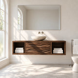 Single sink bathroom vanity in natural solid wood with open ends and drawer storage