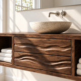Textured front bath vanity in natural solid wood with vessel sink and side shelving