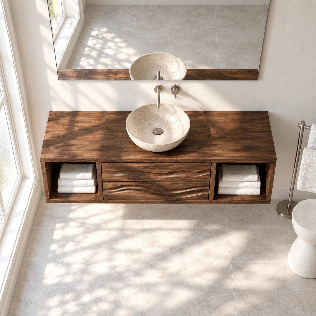 Contemporary vanity cabinet in natural solid wood with drawers and towel cubbies