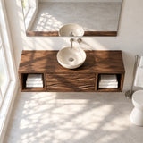 Contemporary vanity cabinet in natural solid wood with drawers and towel cubbies