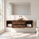 Vessel sink vanity in natural solid wood with floating design and center drawers