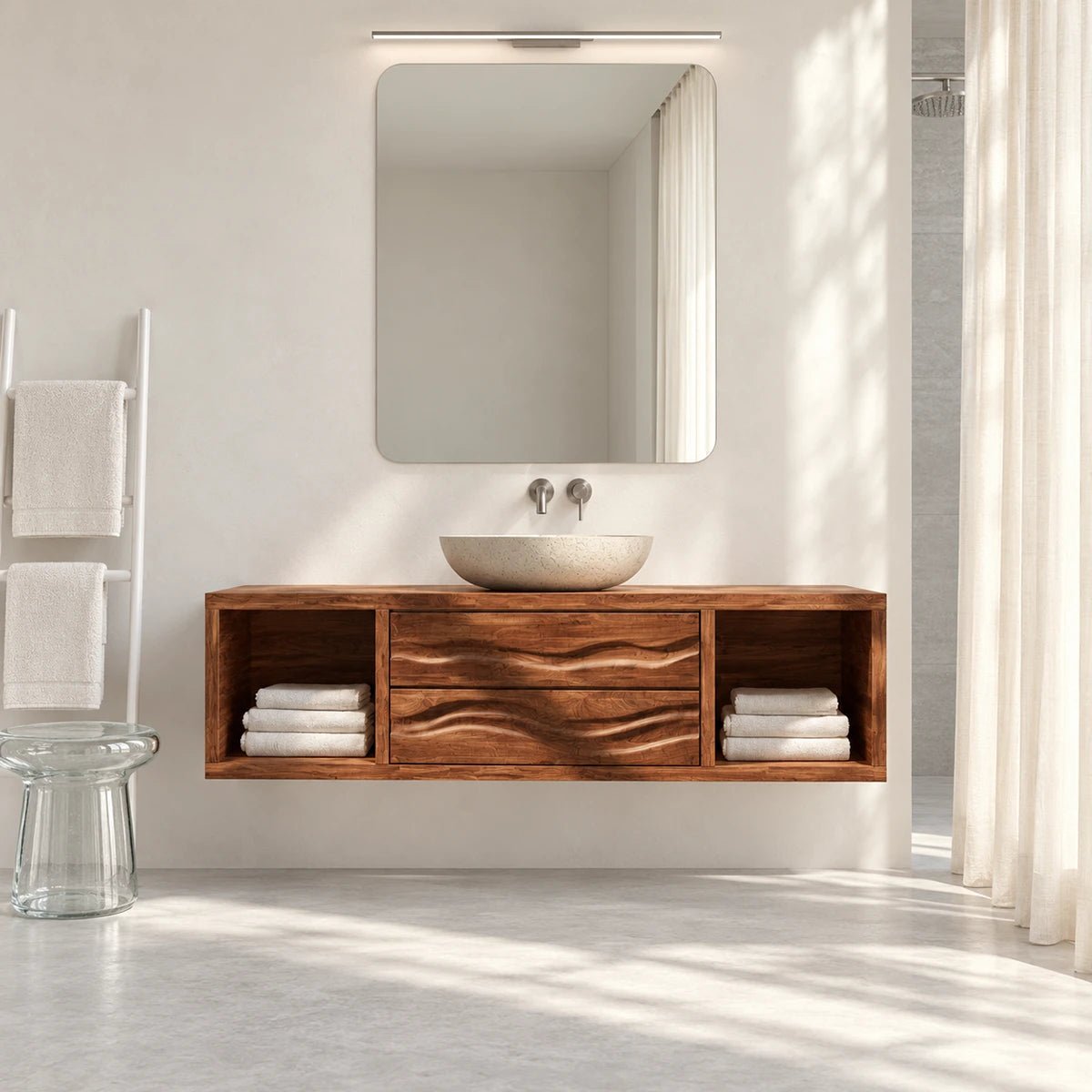 Open shelf bathroom vanity in natural solid wood with sculpted double drawers detailing