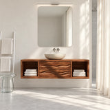 Open shelf bathroom vanity in natural solid wood with sculpted double drawers detailing