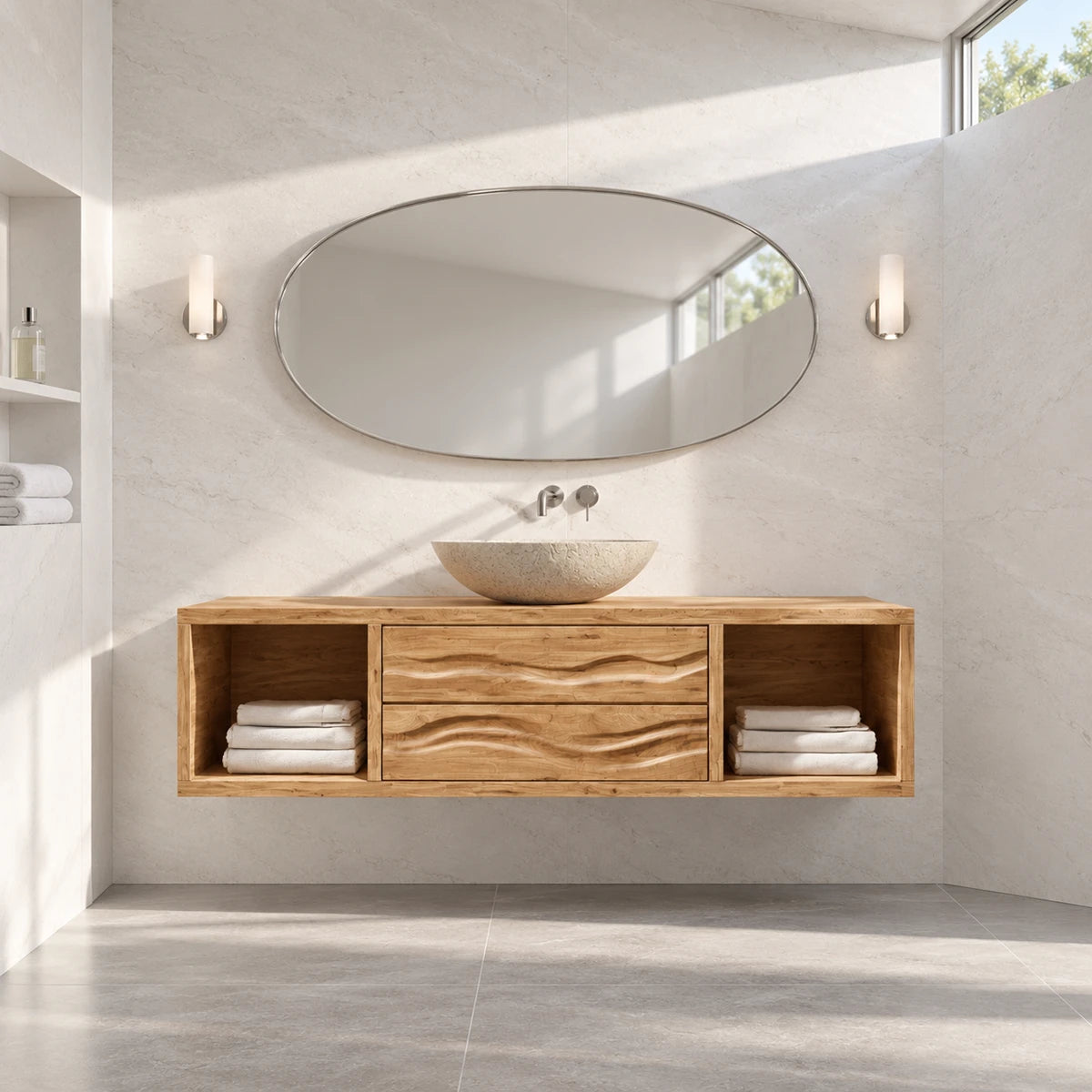 Minimalist vanity unit in natural solid wood with side storage and vessel basin top