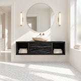 Space saving bathroom vanity in natural solid wood with drawers and open shelves