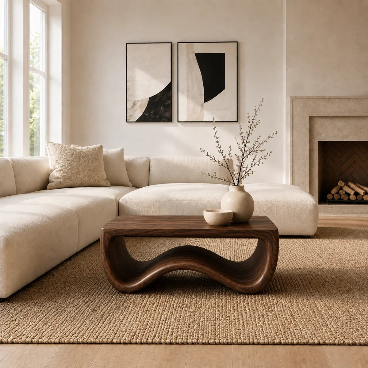 Artisan coffee table with handcrafted character and fluid architecture in a calm room