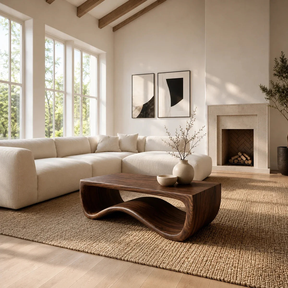 Organic modern coffee table with flowing curves beside a soft sectional sofa indoors