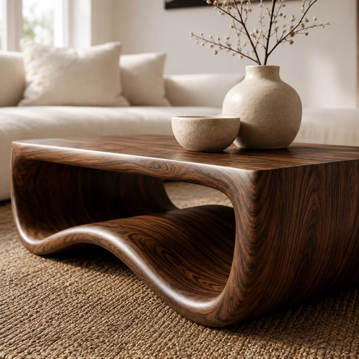Designer coffee table with artistic wave form and spacious surface in a bright interior