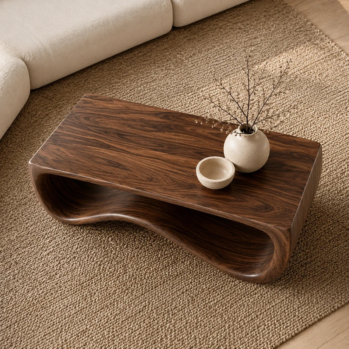 Modern coffee table with smooth contours and sculptural support in a serene home space