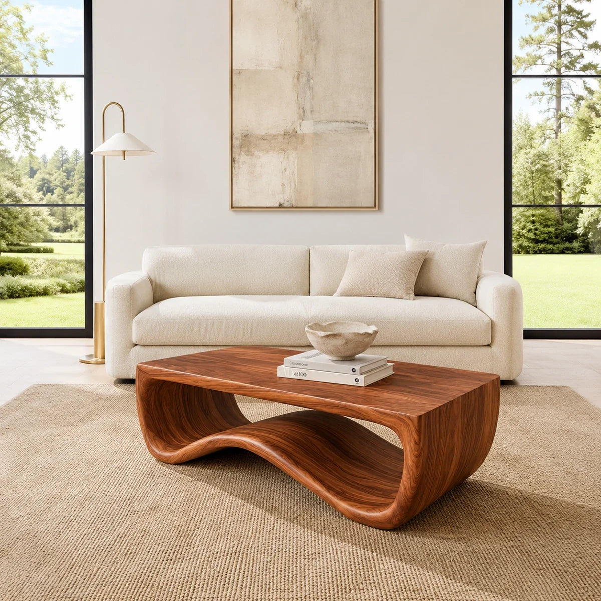 Curved coffee table adds visual movement and practical surface to a minimalist interior