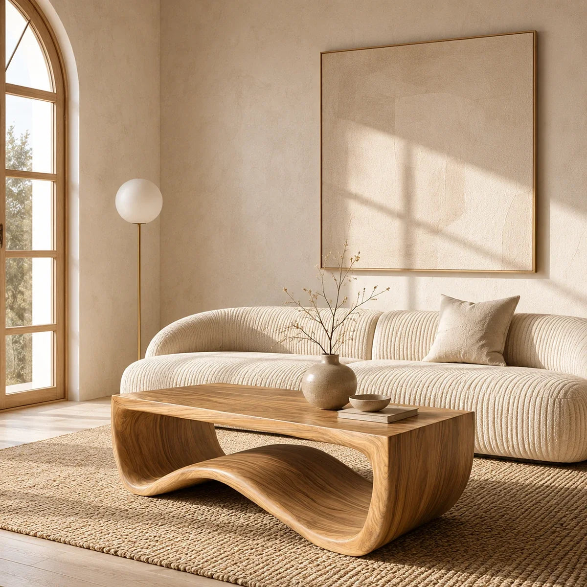 Statement coffee table with bold flowing silhouette in a sophisticated living room