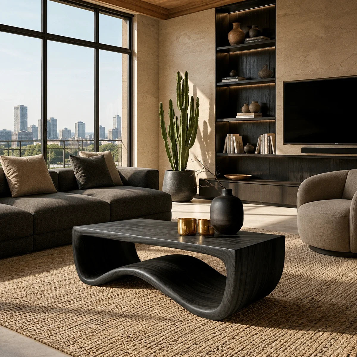 Contemporary coffee table showcases organic lines and a dramatic open base indoors