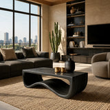 Contemporary coffee table showcases organic lines and a dramatic open base indoors