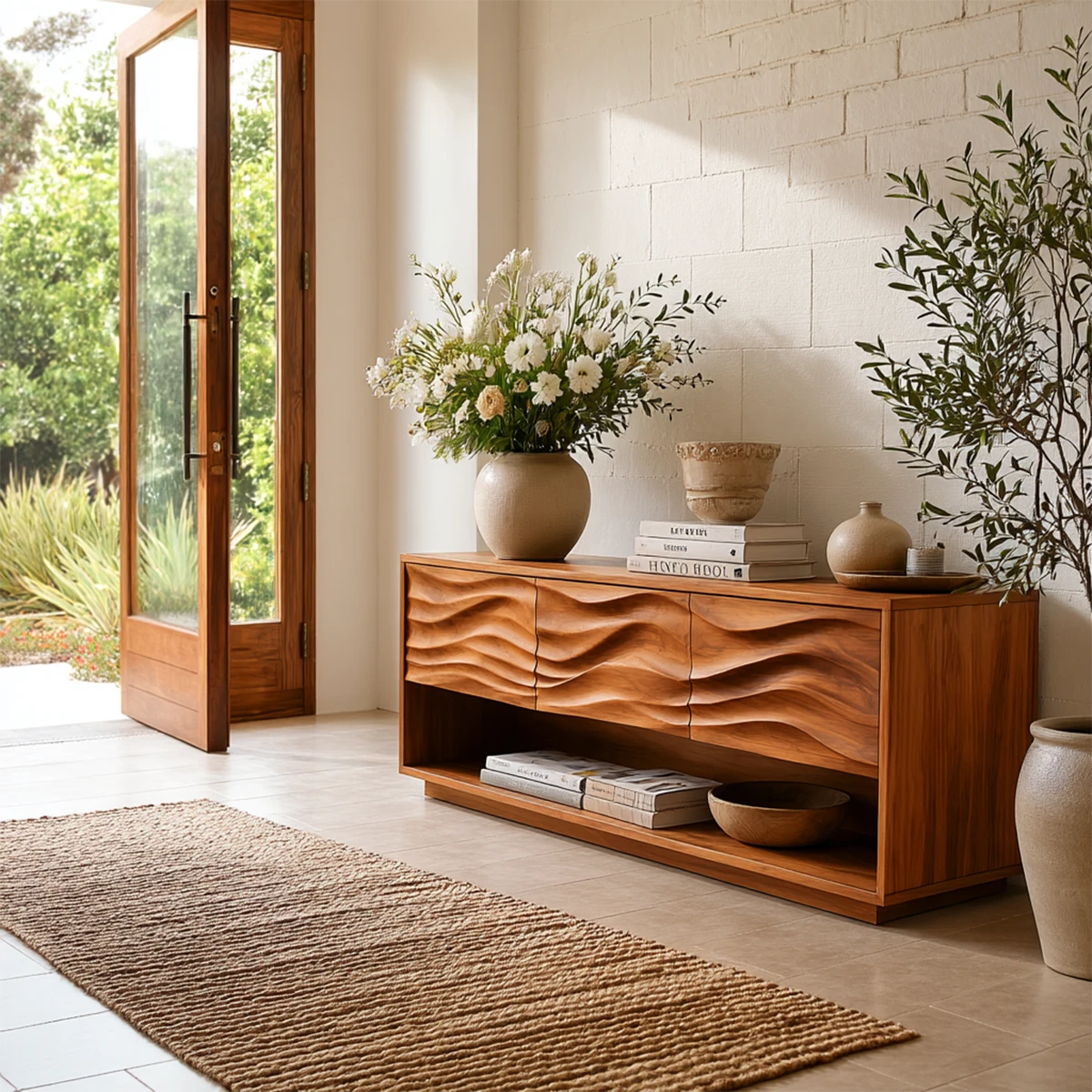 Wave front console table with open shelf storage and sculpted drawer fronts for entryways