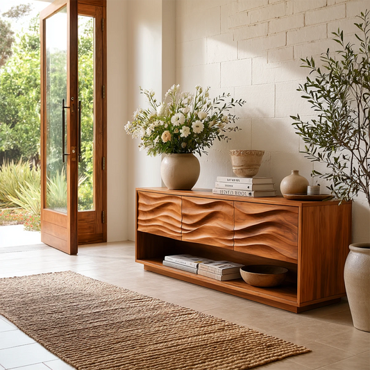 Wave front console table with open shelf storage and sculpted drawer fronts for entryways