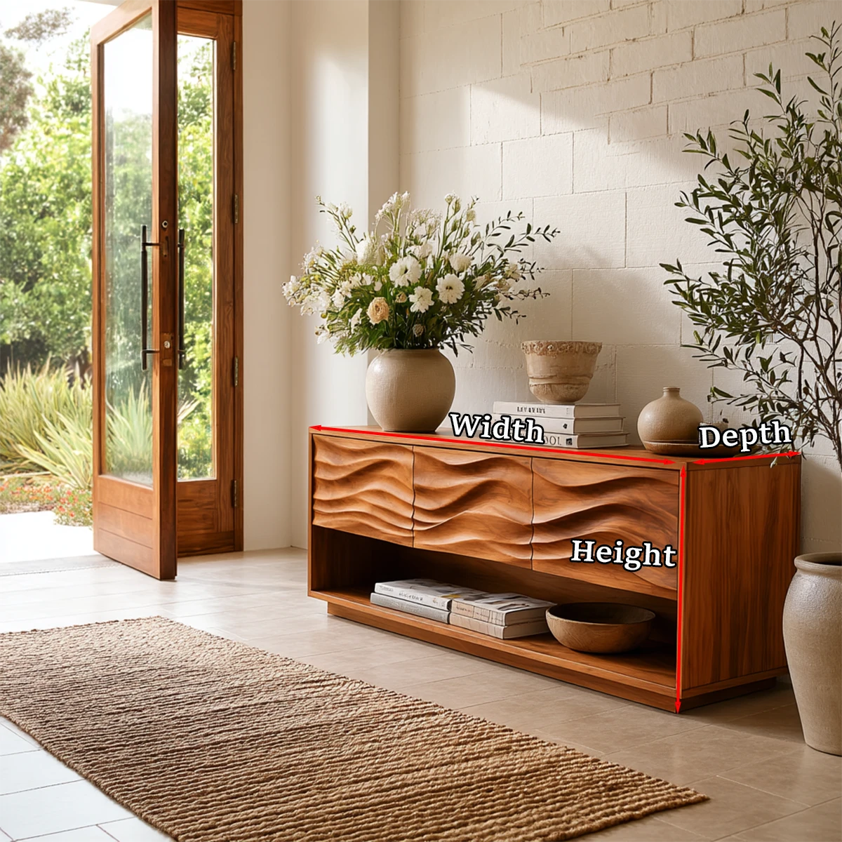 Statement entry console featuring textured drawer fronts and spacious open storage shelf