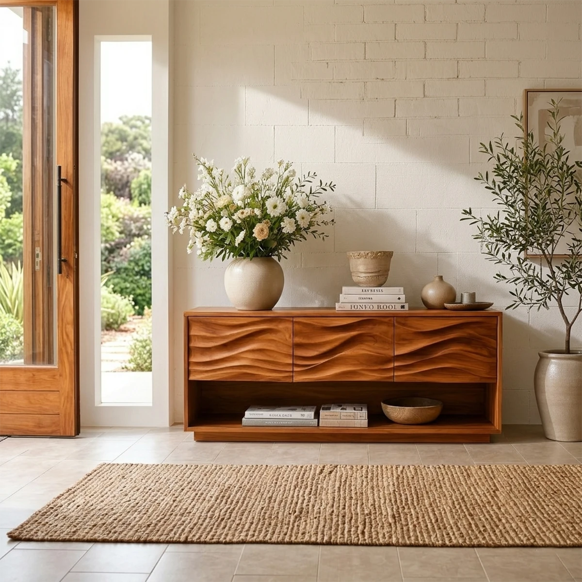 Contemporary entryway console featuring carved wave panels and spacious lower display shelf