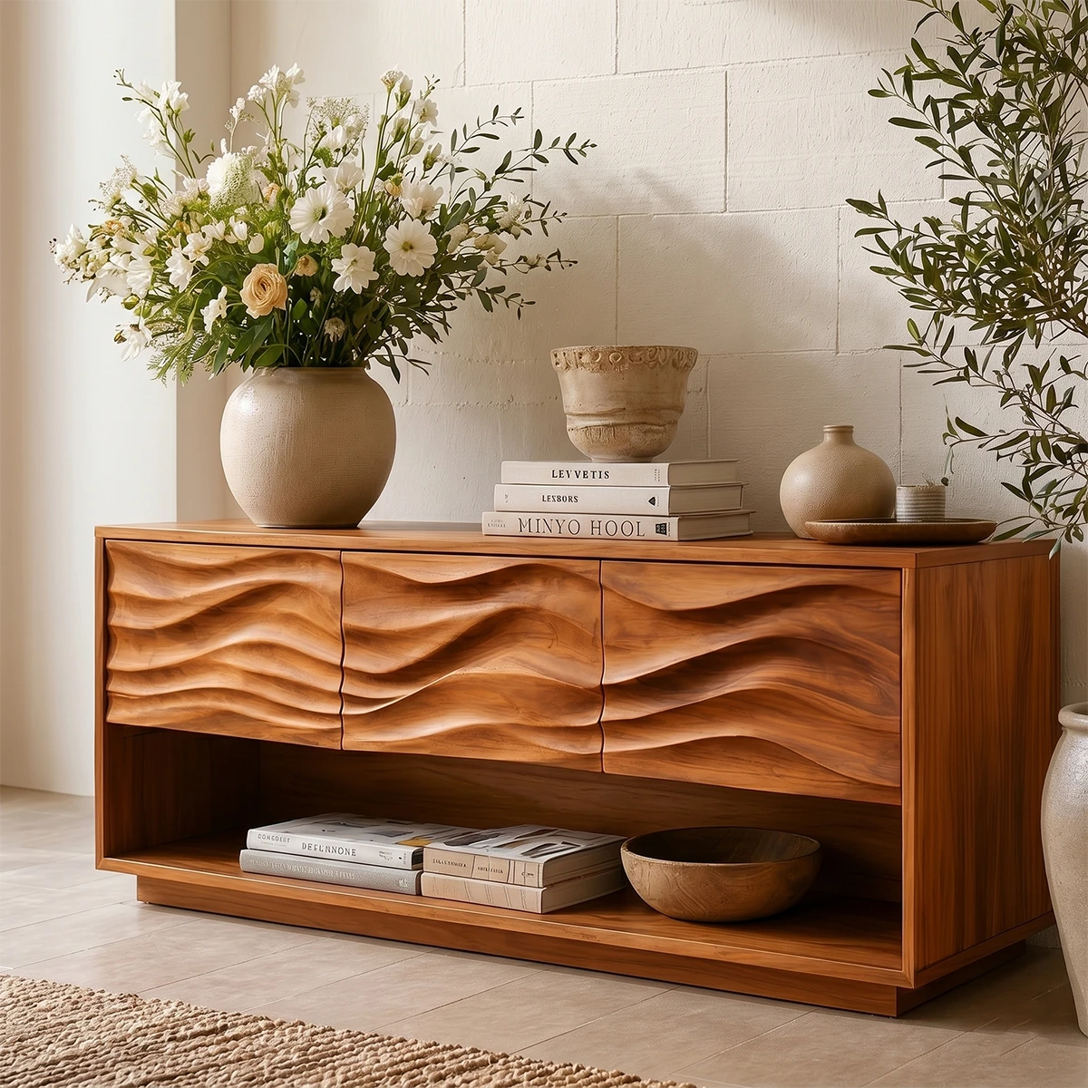 Elegant hallway table with textured drawer fronts and open shelf storage for décor display