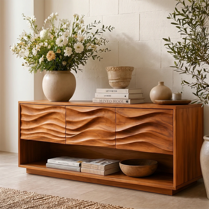 Elegant hallway table with textured drawer fronts and open shelf storage for décor display