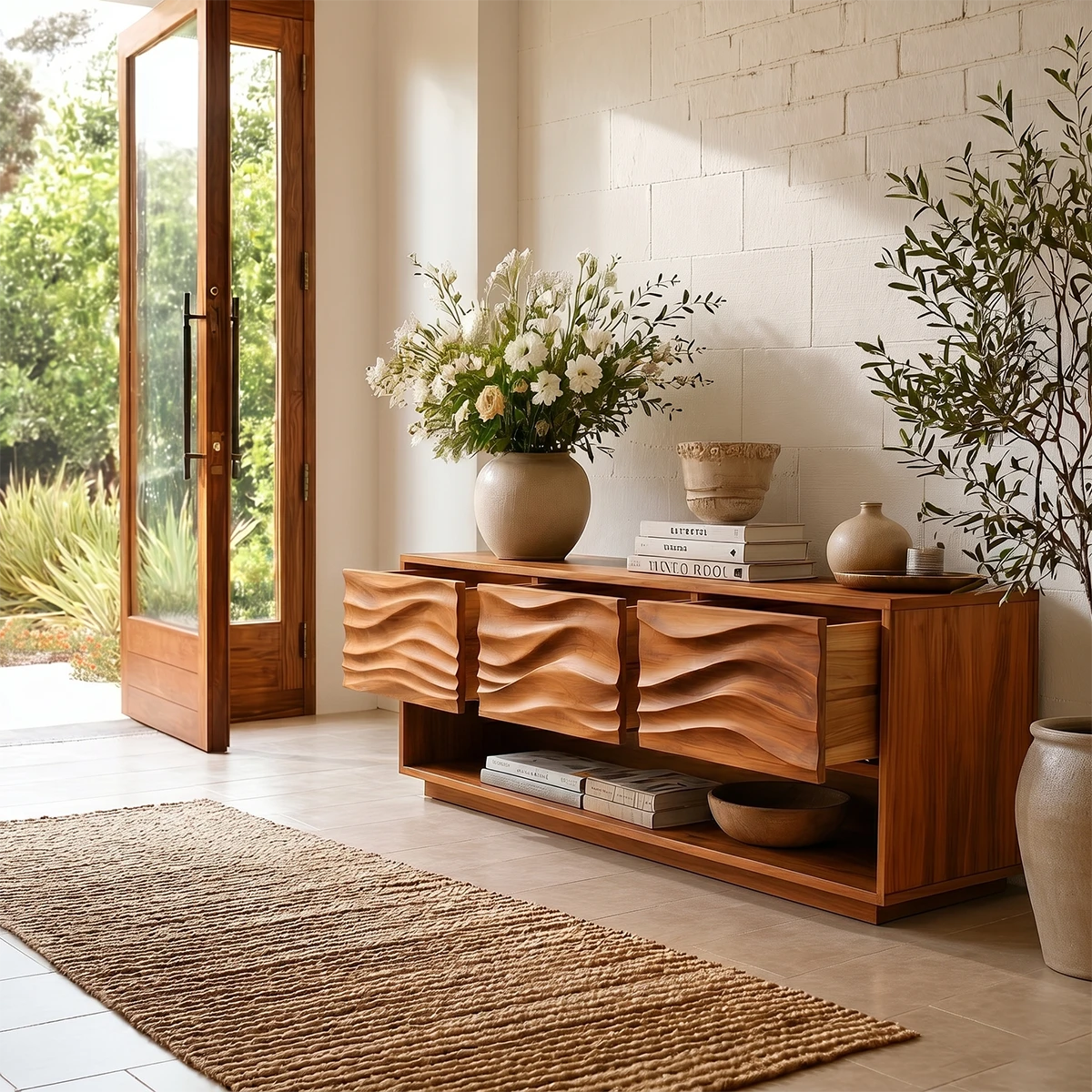 Modern foyer console combining sculptural drawer details and practical open shelving below